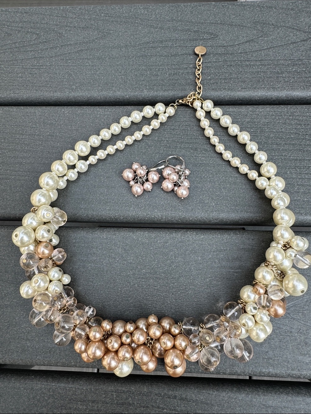 Talbots Champagne, Ivory & Blush Pearl Cluster Necklace with Matching Earrings